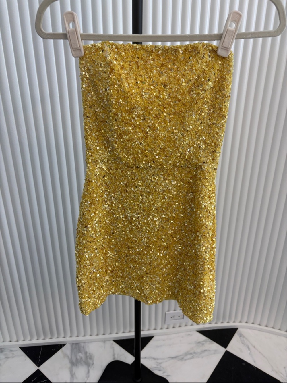 Retrofête Yellow Sequin Strapless Mini Dress